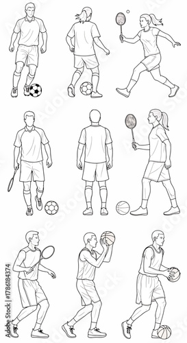 Collection of Athletes Playing Different Sports Including Soccer, Badminton, and Basketball, Line Art Illustration