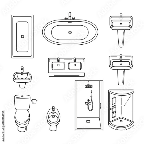 Collection of bathroom fixtures and elements icons, including bathtub, sinks, toilet, shower cabins, and bidet, clean line art set