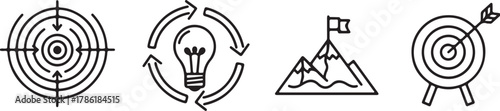 Set of four handdrawn icons representing business concepts target, idea cycle, mountain peak with flag, and bullseye with arrow, isolated on white background