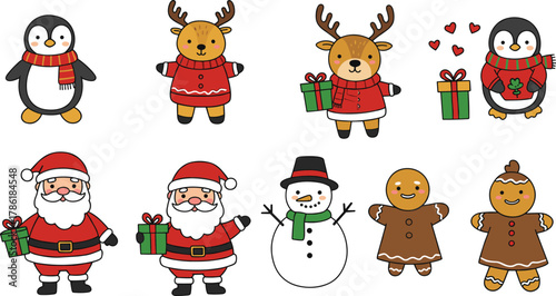 Christmas cartoon characters, Santa Claus, penguin, reindeer, snowman, gingerbread, holiday gift, festive costume, winter celebration, cute illustration, joyful scene
