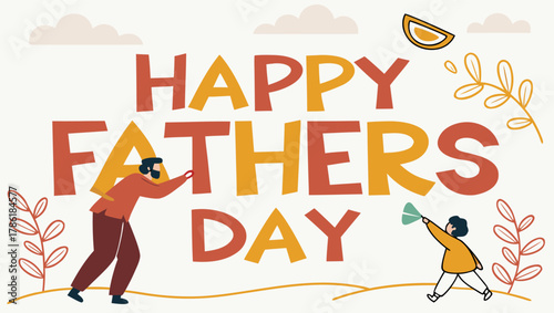 Rustic chalkboard lettering “Happy Father’s Day”, hand-drawn style, decorative swirls, moustache and hat doodles, vintage badge composition