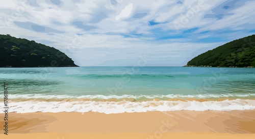 A beautiful tropical beach with turquoise water, lush green hills on both sides and gentle waves on a sunny day