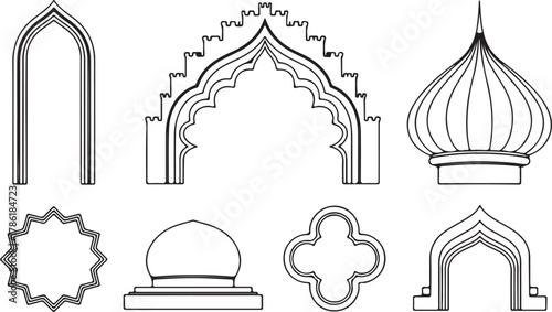 Collection of architectural elements including arches, domes, and decorative shapes isolated on a white background