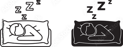 Two simple graphic icons representing sleep, one in outline and one in solid black, both showing a person sleeping on a pillow with zs floating above