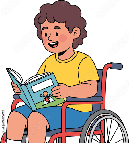 A young boy with curly brown hair sitting in a wheelchair, happily reading an open book with colorful illustrations.