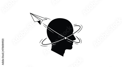 Silhouette of a human head with a paper airplane flying out of it representing ideas and imagination