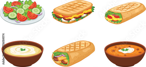 Healthy food, salad, sandwich, wrap, soup, lunch, fresh cooking, culinary, restaurant, comfort food, illustration