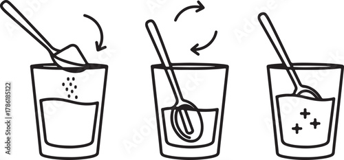 Three step illustration showing how to dissolve powder in a glass of water with a spoon, isolated on white background