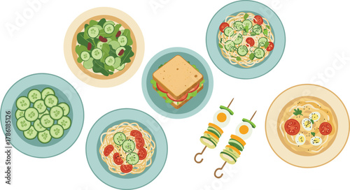 Healthy food, vegetable salad, spaghetti plate, cucumber, cherry tomato, mozzarella, sandwich, skewers, leafy greens, lunch, dinner, nutrition, fresh