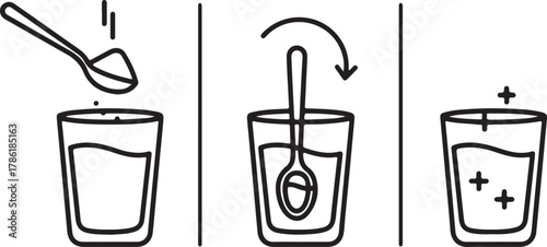 Three step icon showing how to dissolve powder in water with a spoon, isolated on white background