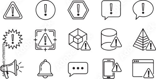 Collection of warning and alert icons, including exclamation marks in various shapes, a megaphone, a bell, and a smartphone with a warning symbol