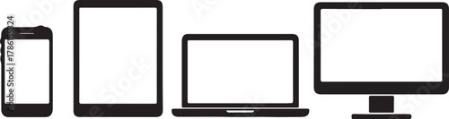 Collection of modern electronic devices including a smartphone, tablet, laptop, and desktop computer, isolated on white background