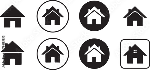 Collection of eight house icons in various styles and formats, isolated on white background