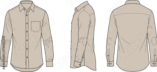 Long sleeve shirt technical sketch, front side back view, fashion flat drawing, apparel design, garment illustration, button-up shirt template