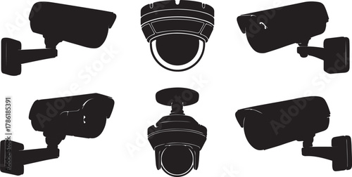 Collection of black silhouette security cameras isolated on white background