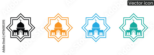 Stunning mosque icons in multiple colors represent Islamic faith and culture, ideal for projects seeking spiritual and architectural appeal.