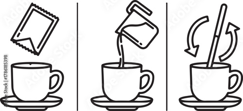 Line art icons showing steps to prepare a beverage adding a packet to a cup, pouring liquid into the cup, and stirring with a stick, isolated on white background