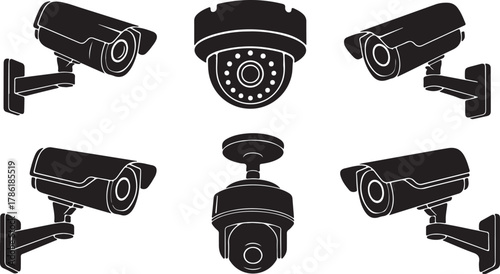 Collection of black silhouette security cameras and surveillance equipment isolated on white background