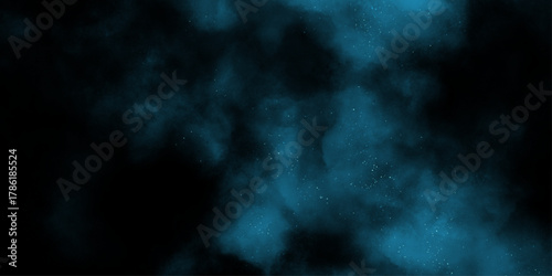 Blue powder dust smoke on black background. abstract background. Space of night sky with cloud and stars. Nebula and galaxies in space. Abstract cosmos background.