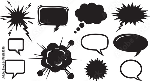 Collection of black comic book style speech bubbles and explosion elements isolated on white background