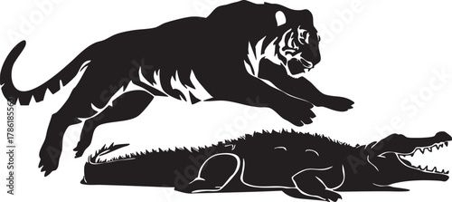 Silhouette of a tiger leaping over a crocodile isolated on transparent background