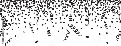 Black confetti and streamers falling against a white background, perfect for celebrations and party themes