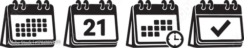 Set of four calendar icons showing different stages a grid, a specific date, a date with a clock, and a date with a checkmark, isolated on white background