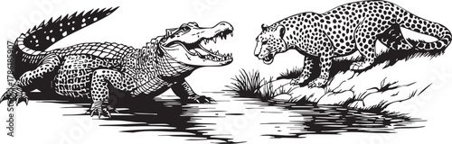 Leopard and crocodile confrontation in a dramatic illustration isolated on transparent background