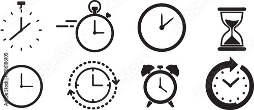 Collection of eight different time related icons including clocks, stopwatch, and hourglass isolated on white background