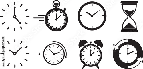 Collection of clock icons, stopwatch, hourglass, and alarm clock isolated on white background