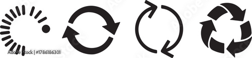 Set of four black circular arrow icons representing refresh, recycle, and loading or progress indicators isolated on white background