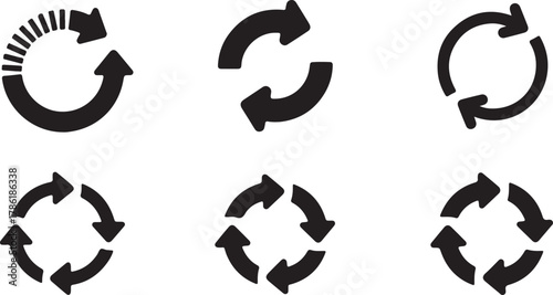 Collection of six black circular arrow icons representing refresh, reload, recycle, and repeat actions, isolated on white background