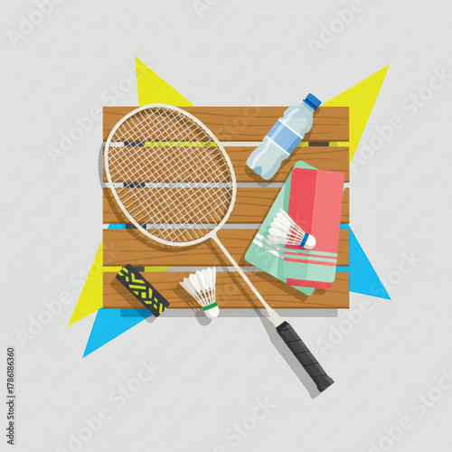 Modern flat vector composition of badminton essentials racket, shuttlecock, towel, and water bottle on wooden background in bright sport theme. Vector illustration
