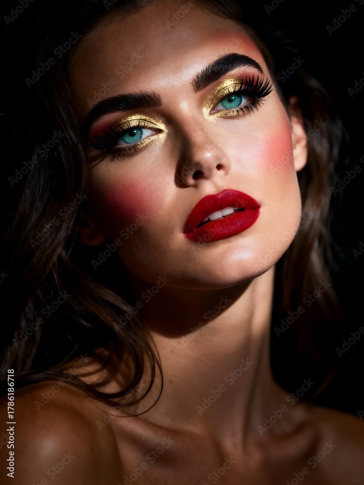 Fototapeta premium Stunning woman with dramatic gold eyeshadow, bold red lips, and striking blue eyes radiating confidence and allure.