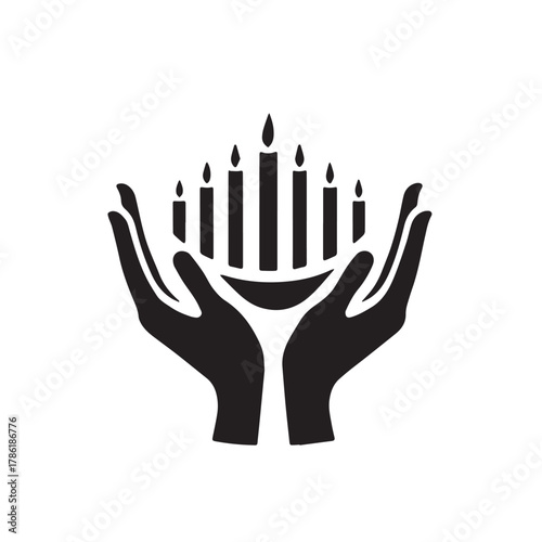 Symbolic illustration of two open hands gently cradling a menorah with lit candles representing hope and tradition