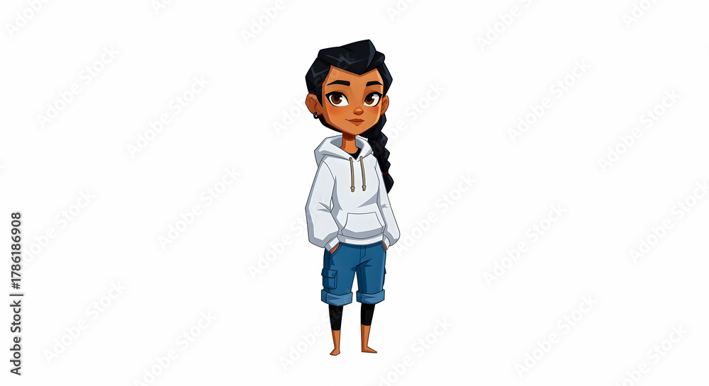 Fototapeta premium Cartoon character of a young woman in casual attire with braid and light skin