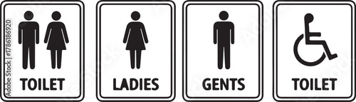 Set of four black and white restroom signs for men, women, ladies, gents, and disabled toilet isolated on white background
