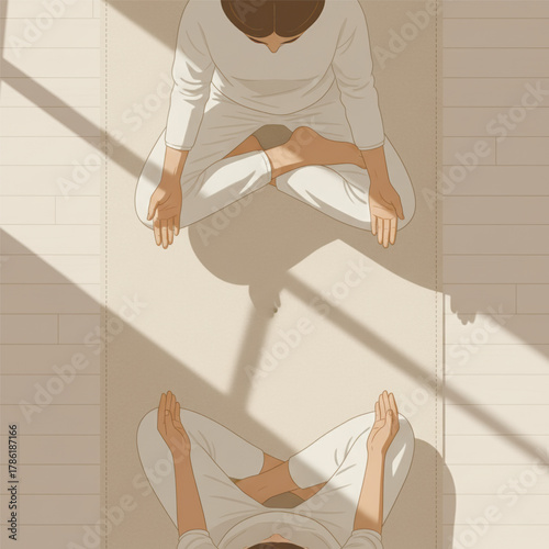 Peaceful minimal vector showing woman sitting in lotus pose meditating on mat under sunlight. Calmness, mindfulness, and balance concept. Vector illustration