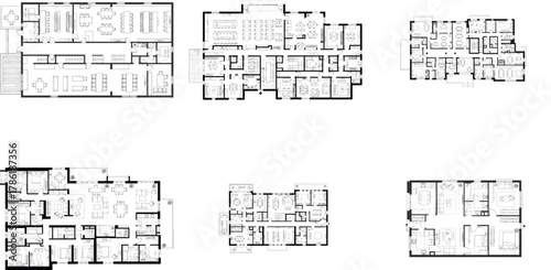 Arrangement of six diverse residential floor plans