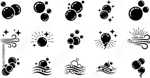 Collection of Bubbles and Air Flow Icons, Sparkling Stars, and Sunburst Elements for a Clean and Fresh Theme