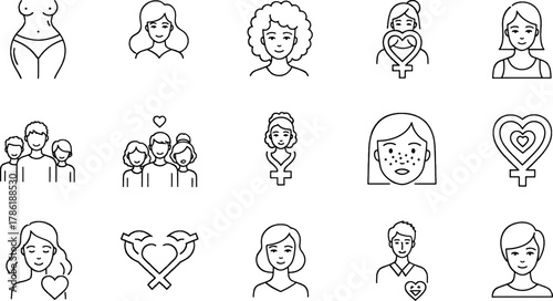 Collection of Diverse People Icons Representing Family, Love, and Individuality in a Simple Line Art Style
