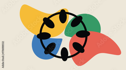 Vibrant abstract shapes and a circular motif symbolizing connection and unity in a modern artistic composition