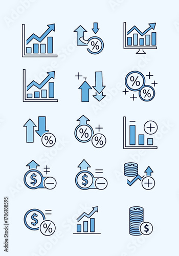 Collection of Business and Finance Icons Showing Growth, Percentages, and Coins With Up and Down Arrows