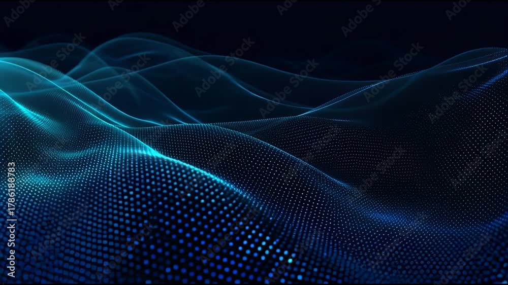 Abstract digital wave forms and flowing dots create a futuristic high-tech scene motion and energy in blue tones