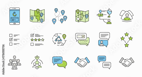 Collection of Business Icons Featuring Mobile App, Maps, Checklists, Ratings, Communication, Teamwork, and Handshake Symbols