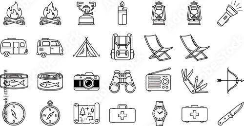 Collection of Camping and Outdoor Adventure Icons Featuring Tents, Backpacks, Lanterns, and Survival Gear