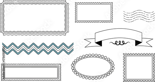 Collection of Decorative Borders and Frames Featuring Wavy Lines, Stamp Perforations, and Ornate Edges on White Background