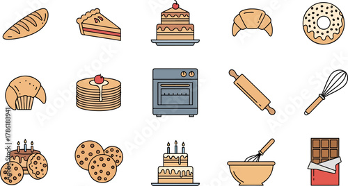 Collection of Delicious Baked Goods and Baking Utensils Icons, Sweet Pastries and Kitchen Tools Set