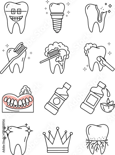 Collection of Dental Care Icons Featuring Healthy Teeth, Brushing, Implants, and Mouthwash on White Background Vector Illustration