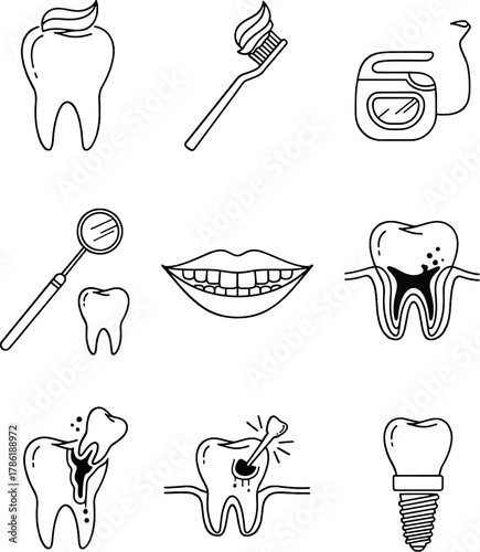 Collection of Dental Health Icons Toothbrush Toothpaste Dental Mirror Teeth and Dental Implant Clean White Teeth